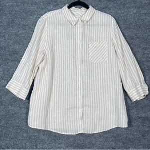 Chicos Women’s Large 2.5 Tan White 100% Linen‎ No Iron Striped 3/4 Sleeve Shirt